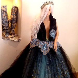 "HARLEY" Black Tulle Blue Sequin & Gold Damask Biker Bride Wedding Ballgown Set